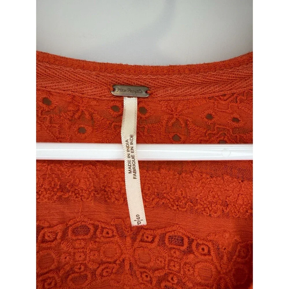 Free People Womens Parisian Nights Top Small Red Embroidered Boho Bell Sleeve